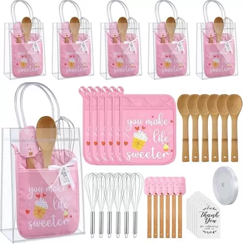 6 Sets Baby Shower Game Prizes for Winners Potholder Silicone Spatula Bamboo Spoon Whisk Gift Bag Set Gifts for Guests Games Prize Wedding Bridal Baby Shower Favors(Cake)