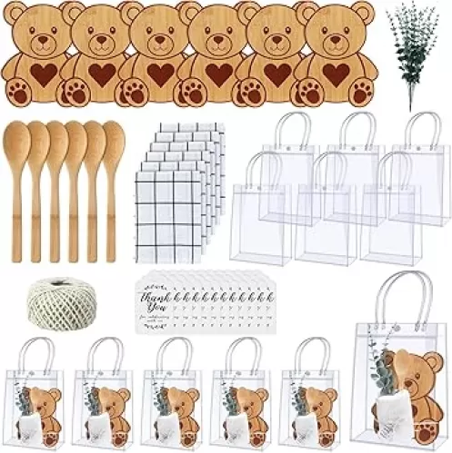 6 Sets Baby Shower Prizes for Game Player Baby Shower Winners Guest Gifts Bamboo Cheese Board Bamboo Spoon Plaid Towel Artificial Eucalyptus Stems Tag Bag for Wedding Bridal Favors(Bear)