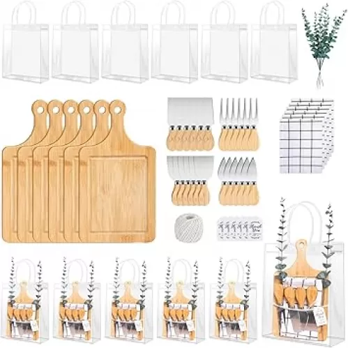 6 Sets Baby Shower Prizes for Game Player Winners Gifts with Knives Spoons Bags Bamboo Cheese Boards Towels Tote Bags Spoons Checkered Tablecloths Party Favors for Guests (6)