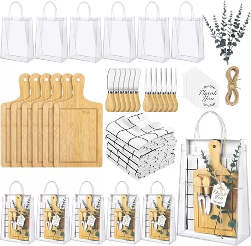 6 Sets Baby Shower Prizes for Game Winners 49 Pcs Square Bamboo Cheese Board Gift with Knives Spoons Gift Bags Kitchen Towels Bridal Shower Party Favors for Guests