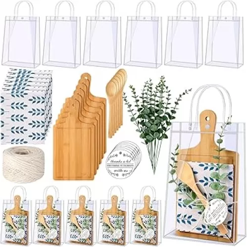 6 Sets Baby Shower Prizes for Game Winners Baby Shower Winners Guest Gifts Bamboo Cheese Board Spoon Green Leaf Towel Artificial Eucalyptus Stems PVC Gift Bags for Baby Shower Wedding Bridal Favor