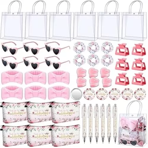 6 Sets Baby Shower Prizes for Game Winners Cosmetic Bags Sunglasses Hair Scrunchies Mirrors Pens Claw Clips Hair Headbands Candles Gift Bag for Baby Shower Wedding Bridal Shower Game Favors