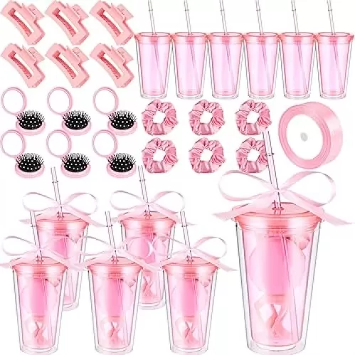 6 Sets Baby Shower Prizes for Game Winners Folding Hair Brush Mirror Hairband Grab Clip Cup Ribbon Hair Accessories Kits Baby Shower Favors Gifts for Women(Pink)