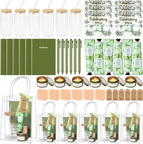 6 Sets Baby Shower Prizes for Game Winners Gifts Wedding Bridal Souvenir Include Cup Ballpoint Pen Notebook Hand Cream Lip balm Soap Scented Candle Card Tote Bag for Baby Shower Player Winner Gifts