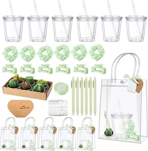 6 Sets Baby Shower Prizes for Game Winners Succulent Candle Double Wall Tumbler Heart Cork Coaster Insulated Ballpoint Pen Hair Claw Hair Band Gift Bag Baby Shower Game Gifts