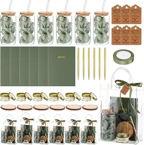 6 Sets Baby Shower Prizes for Play Winners Wedding Bridal Shower Gifts Baby Party Favors Including Glass Cans Notebooks Ballpoint Pen Soy Candles Wood Coaster Gift Bag Thank You Cards(Green)