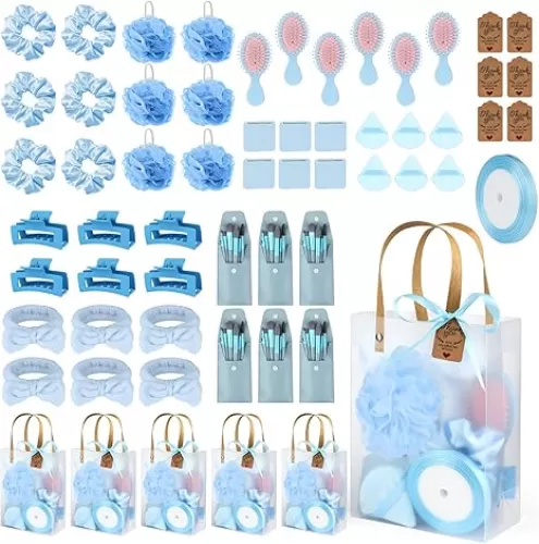 6 Sets Baby Shower Prizes for Winners Gifts Baby Shower Favors including Headband Hair Brush Compact Mirror Bath Sponges Powder Puff Hair Tie Claw Makeup Brushes Gift Bag Bridal Shower(Blue)
