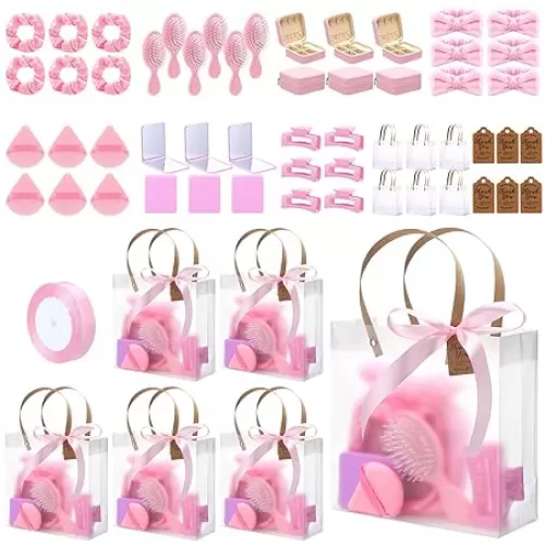 6 Sets Baby Shower Prizes for Winners Gifts Headband Hair Brush Jewelry Box Compact Mirror Powder Puff Hair Tie Claw Gift Bag Bridal Shower(Pink)