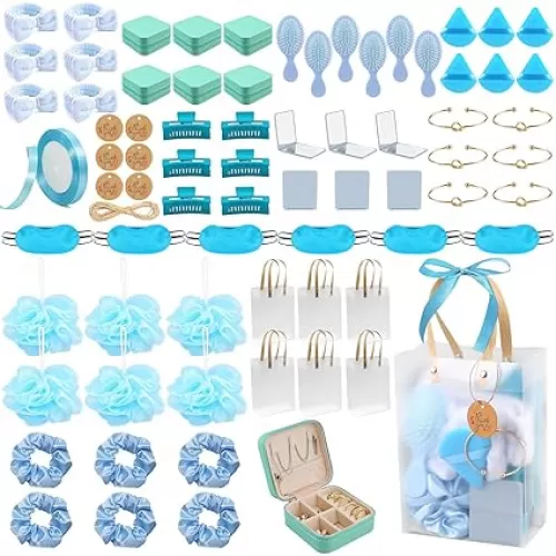 6 Sets Blue Baby Shower Prizes for Game Winners Baby Shower Favors Gifts Headband Hair Brush Jewelry Box Compact Mirror Powder Puff Hair Tie Hair Claw Gift Bag Baby Shower Bridal Shower