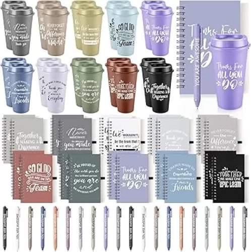 60 Pcs Employee Appreciation Gifts Set Thank You Gifts 16 oz Plastic Tumbler Cups with Lid Notebook Pen Bulk for Housekeeping Week Nurses Teacher Coworkers Team Staff (Dark Color, Elegant Style)