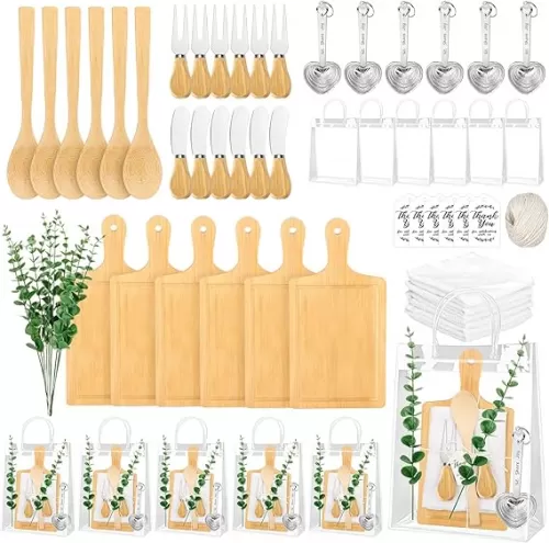 61Pcs Baby Shower Prizes for Game Winners Adults 6 Sets Wedding Bridal Party Favors for Guests with Bamboo Cheese Board Butter Spreaders Forks Measuring Spoons Kitchen Towels Thank You Gift（Square）