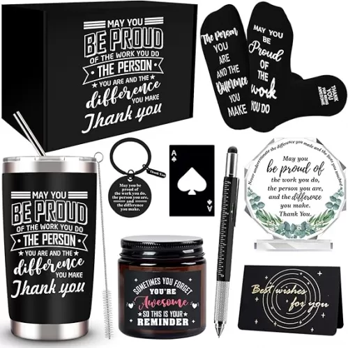 9 Pc Employee Appreciation Gifts: 20 Oz Tumbler, Scented Candle, Socks, Acrylic Award Plaque Sign, Thank You Gifts for Employee, Teacher, Professor