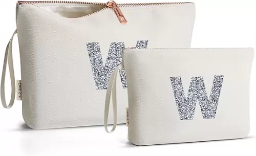 A-Z BAG 2-Piece Canvas Toiletry Bag Set, Personalised Off-White Makeup Bags with Rhinestone Initial, Ideal Gift for Women (W, Beige)