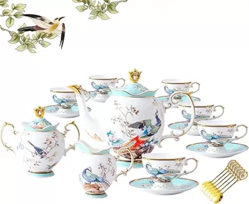ACMLIFE Fine Bone China Tea Set with Teapot Porcelain Tea Sets for Adults 21-Piece Vintage Floral Tea Set for 6 English China Tea Sets 24K Gold Bone China Tea Cups and Saucers Gifts for Women