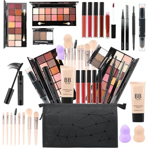 All in One Makeup Gift Set for Women Full Kit for2x14-color eyeshadow palettes, 5xlipgloss sets, mascara, eyeliner, eyebrowpowder, eyebrow pencil, foundation, highlighter stick etc