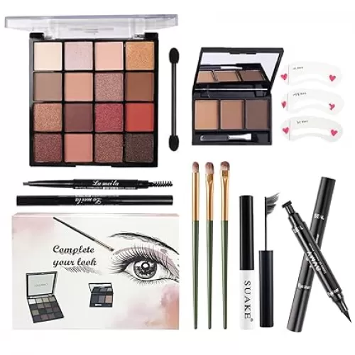 All in One Makeup Kit For Girls - 16 Colors Naked Eyeshadow Palette, 3Pcs Makeup Brushes, Waterproof Eyeliner Pencil, Eyebrow Powder, Eyebrow Pencil, Mascara, Women and Beginners Teens Makeup Gift Set