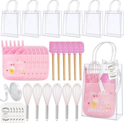 Baby Shower Game Prize Sets, 6 Pack Kitchen Baking Gift Silicone Spatulas, Potholder, Whisk, Thank You Card, Gift Bags, Ribbon for Wedding Bridal Shower Favors Guests