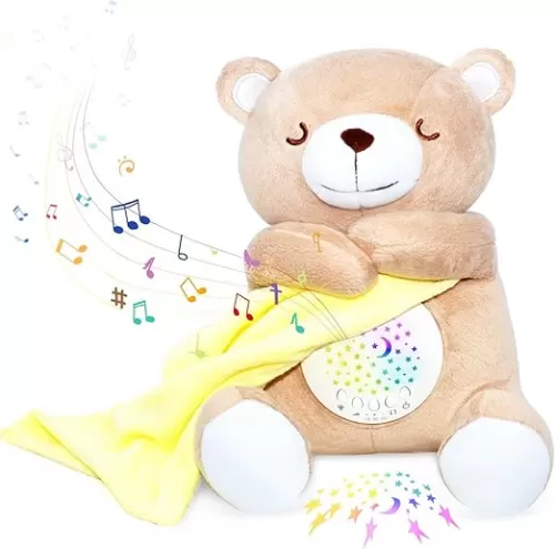 Baby Sleep Soother, Cry Activated Sensor Teddy Bear Lullabies & Mom Heartbeat, Nursery Toddler Star Night Light Projection Sleep Aid, Unique Girl, Baby boy and New Baby Gifts