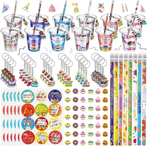 Baderke 144 Pcs Return Gifts Birthday Party Favors Goodie Bag Cup Fillers Gifts Birthday Party Supplies HBD Goody Cups Pencil Eraser Keychain Sticker Greeting Card for Birth Day Gift Prizes Rewards