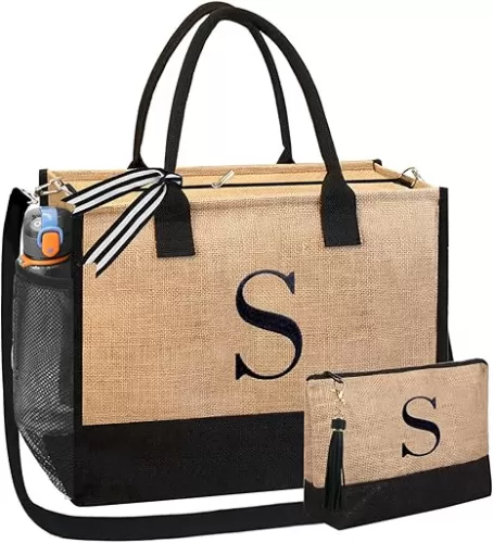 BeeGreen Monogrammed Tote Bags Birthday Gifts for Women Initial Jute Tote Bag for Friends Mother Bride Teacher Appreciation Gifts Bag Beach Tote Bag with Embroidery Large Personalized S