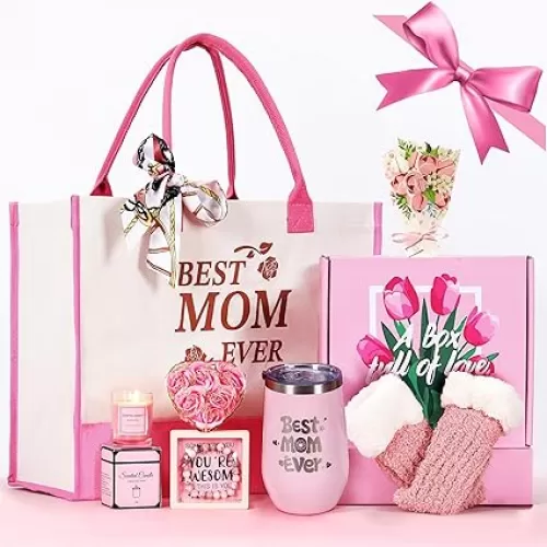 Best Mom Ever Gifts, Unique Birthday Gifts for Mom, Best Present with Tote Bag, Tumbler, Scented Candle, Rose, Fuzzy Socks, Bracelet, Greeting Card