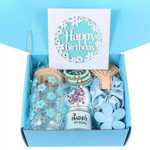 Birthday Gift for Teen Girls, 7 Cute Gifts with Tasks, Happy Birthday Gift Ideas, Trendy Preppy Stuff for Teen Girls, Christmas, Cute Daisy Aesthetic Glass Cups Tumbler Gifts Set 7pcs (Blue)