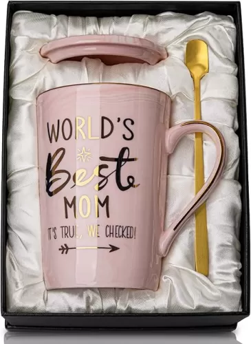 Birthday Gifts for Mom from Daughter Son - 14Oz Funny Best Mom Mug with Gold Print, Unique Pink Marble Coffee Cup with Lid Spoon Greeting Card, New Moms Mothers Day Gift Ideas, Luxury Gift-Boxed Set