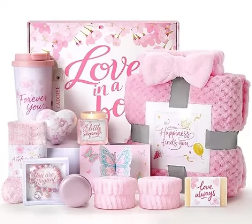 Birthday Gifts for Women, Gift Basket for Mom Wife Sister Her Friends, Luxury Self Care Spa Set with Blanket, Thank You Get Well Soon Holiday Gifts Box for Mother Valentine Day (Pink)