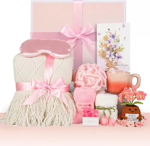 Birthday Gifts for Women, Knitted Tassel Throw Blanket Pink Gift Basket with Handmade Crocheted Potted Plants and Flower Coasters, Inspirational for Mom Her Wife Friend Grandma