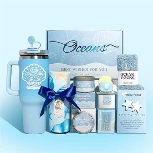 Birthday Gifts for Women, Ocean Themed Self Care Package Spa Gift Baskets Get Well Soon Gift Set with 40oz Shell Tumbler, Soy Candle, Bath Bomb, Hair Towel, Fuzzy Socks, Soap, Blue