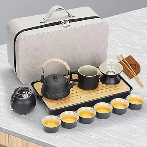Black Porcelain Chinese Gongfu Tea Set, Gongfu Tea Sets for Adult, Portable Outdoor Travel Ceramic Tea Set, Grey Leather Case Portable Bag, Tea Gift Set, for Home, Outdoor and Office (Lifting Beam)