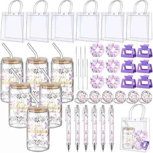 Boao 6 Set Baby Shower Game Prizes for Player Winners Tumblers with Lids Straws Mirrors Hair Scrunchies Pens Hair Clips Gift Bags for Baby Bridal Shower Wedding Game Favors(Purple Butterfly)