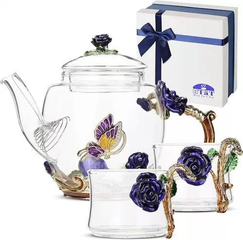 BTaT- Floral Glass Tea Set for Adults, Service for 2, Fancy Glass Pot(8 oz) & Cups(2 oz), Blue Butterfly & Flower Design with Gift Box, Tea Pot Sets for Women Gift