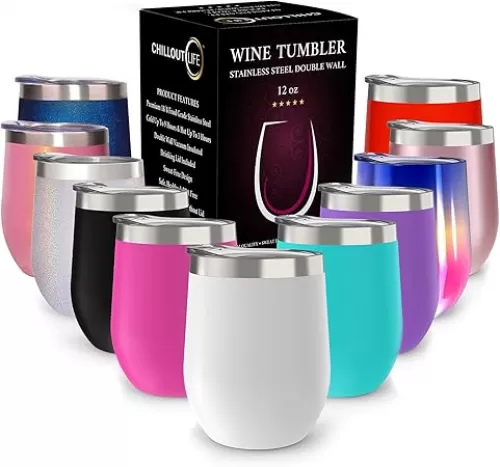 CHILLOUT LIFE 12 oz Stainless Steel Tumbler with Lid & Gift Box - Wine Tumbler Double Wall Vacuum Insulated Travel Tumbler Cup for Coffee, Wine, Cocktails, Ice Cream, Powder Coated