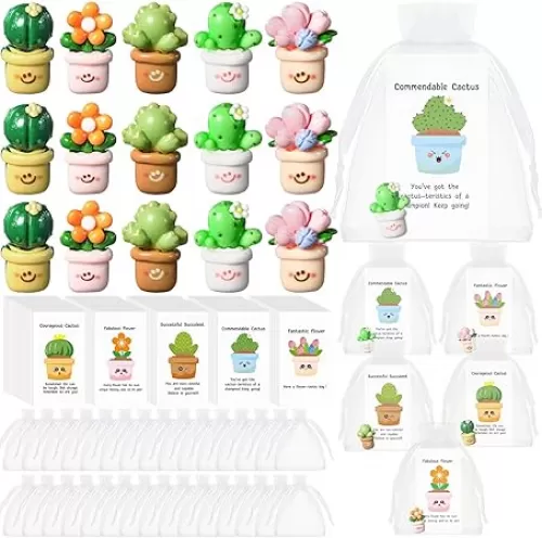 Chunful 50 Set Employee Appreciation Gift Bulk for Coworkers Resin Flower Pot Pun Inspirational Notecards Organza Bags Thank You Staff Gift Commendable Cactus Flower Succulent Office Pocket Favors