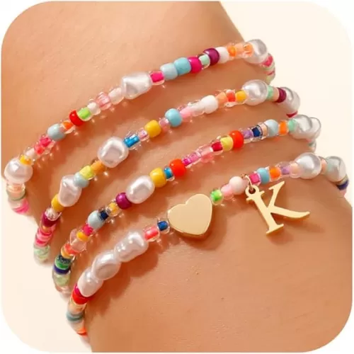 Colorful Initial Bracelets for Girls - 4PCS Gold Stretchable Boho Beaded Pearl Heart Initial Bracelets for Women Teen Girl Gifts Trendy Stuff Cute Stackable Jewelry Set Birthday Gifts