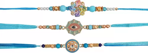 Combo of 3 Rakhi for Brother | Designer Raksha Bandhan Gift Box with Greeting Card | Traditional Indian Rakhi Set | Festival Gift