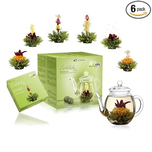 Creano Blooming Tea Gift Set with Glass Teapot 17oz (500ml) - Green Tea Fruity Flavoured Tea Flowers in 6 Varieties - Flowering Tea Gift for Easter