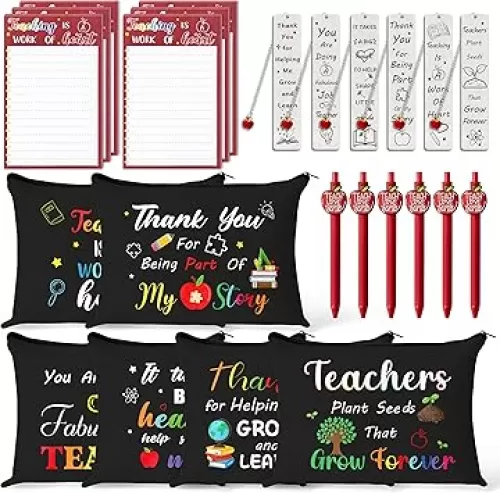 CY2SIDE Teachers Appreciation Gifts Set - 24PCS Back to School Thank You Gifts Set Include Black Cosmetic Bags, Red Sticky Notes, Pens and Metal Bookmarks with Tassels for Best Teachers Women, 6 Sets