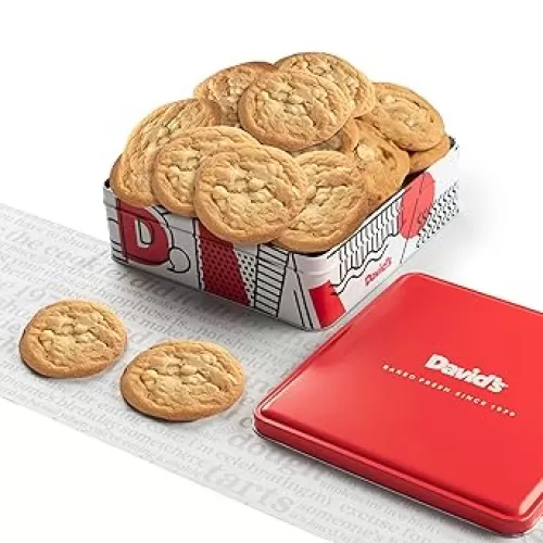 David’s Cookies Fresh Baked Macadamia Nut Cookies Gift Basket – 1lb Soft & Chewy White Chocolate Macadamia Cookies – Gourmet Bakery Dessert Gift Tin for Birthday, Holiday, Thank You & Corporate Gifts
