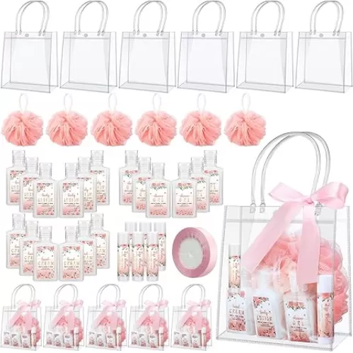 Demissle 6 Sets Baby Shower Game Prizes for Winners Baby Shower Favors Gifts Include Lip Balms Hand Creams Body Lotions Bath Loofah Sponges Gift Bags(Pink Flower)