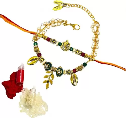 Designer Couple Rakhi Set for Bhaiya Bhabhi with Ganpatiji, Kodi & Leaf Charm | Premium Rakhi Combo with Diamond Ring & Real Kundan Ball and Glass beads | Raksha Bandhan Gift with Roli