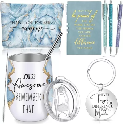 Domensi 7 Pcs Teacher Appreciation Gift for Women Back to School Employee Appreciation Gift Makeup Bag Tumbler Keychain Notebook Ballpoint Pen for Human Resources School Secretary Intern Staff(Blue)