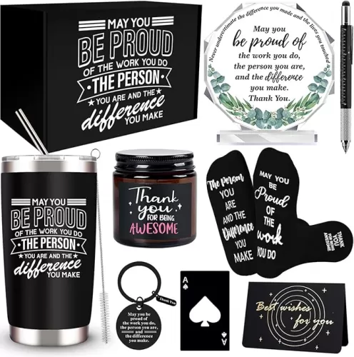 Employee Appreciation Gifts Set, Best Coworker Gifts for Men, 20 Oz Tumbler Thank You Gifts Basket with Scented Candle Socks Keychain Inspirational Acrylic Sign for Employee Teacher Professor