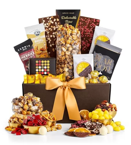 Encore Gourmet Gift Basket: Elevate the Moment with White Chocolate Lindor Truffles, Everything Bagel Cashews, Cranberry Crunch Mix, Bear Snack Mix, and Chocolate Drizzled Caramel Popcorn.