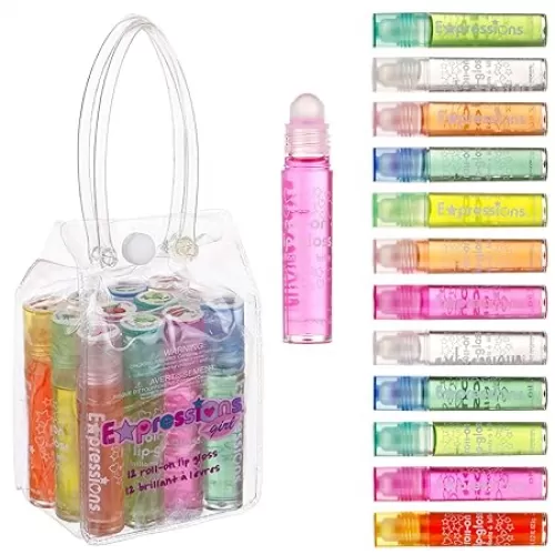 Expressions girl 12pc Roll On Lip Gloss Set with Carrying Case, Glossy Lip Make-up for Kids and Teens - Fruity Flavors, Non Toxic, Kid Friendly, Party Gift, Best Friends