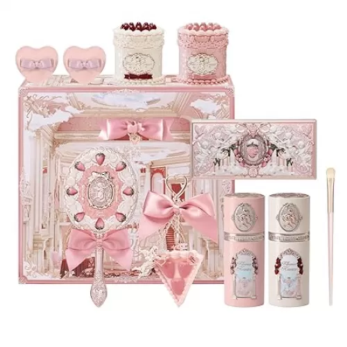 Flower Knows Strawberry Cupid 12 Pack Makeup Gift Box Set, Lip Cream×2+Liquid Blush×2+Makeup Palette×1+Hand Mirror×1+Solid Perfume×1+Hair Clip×1+Cushion Powder Puff×2+Eyeshadow Brush×1+Gift Box×1
