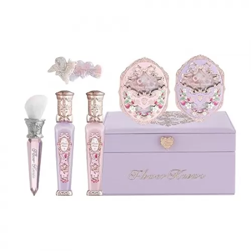 Flower Knows Violet Strawberry Rococo Gift Box Set, 7 Pack Makeup Box with Mirror, Lip Gloss×2+Blush×2+Blush Brush×1+Hair Clip×1+Gift Box×1, Perfect Makeup Gift for Girls & Women