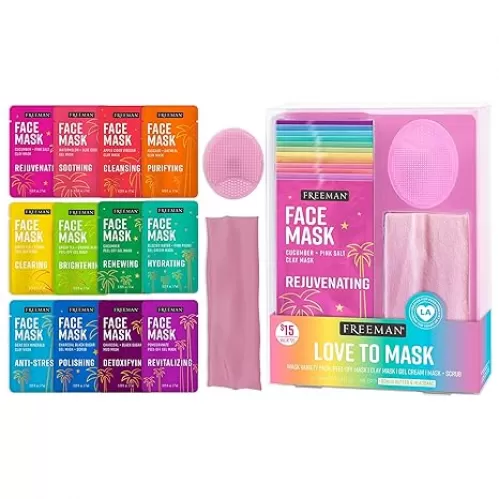 Freeman Facial Love To Mask Variety Pack: Oil Absorbing Clay, Detoxifying Charcoal, Clearing Peel Off, Hydrating Gel Cream, Exfoliating Scrub (14 Piece Kit with Bonus Buffer and Headband)