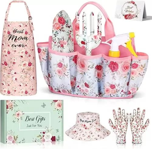 Gardening Gifts for Mom Mama Mother in Law, Linkax Birthday Gift for Women, 9-Piece Garden Tools Set with Bag Hat Hand Fork Trowel Gloves Apron, Christmas White Elephant Gifts for Adults